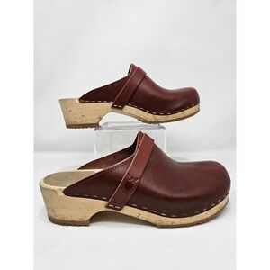 Sandgren Clogs Burgundy Leather Wood Platform Mule Shoes Women's US 8